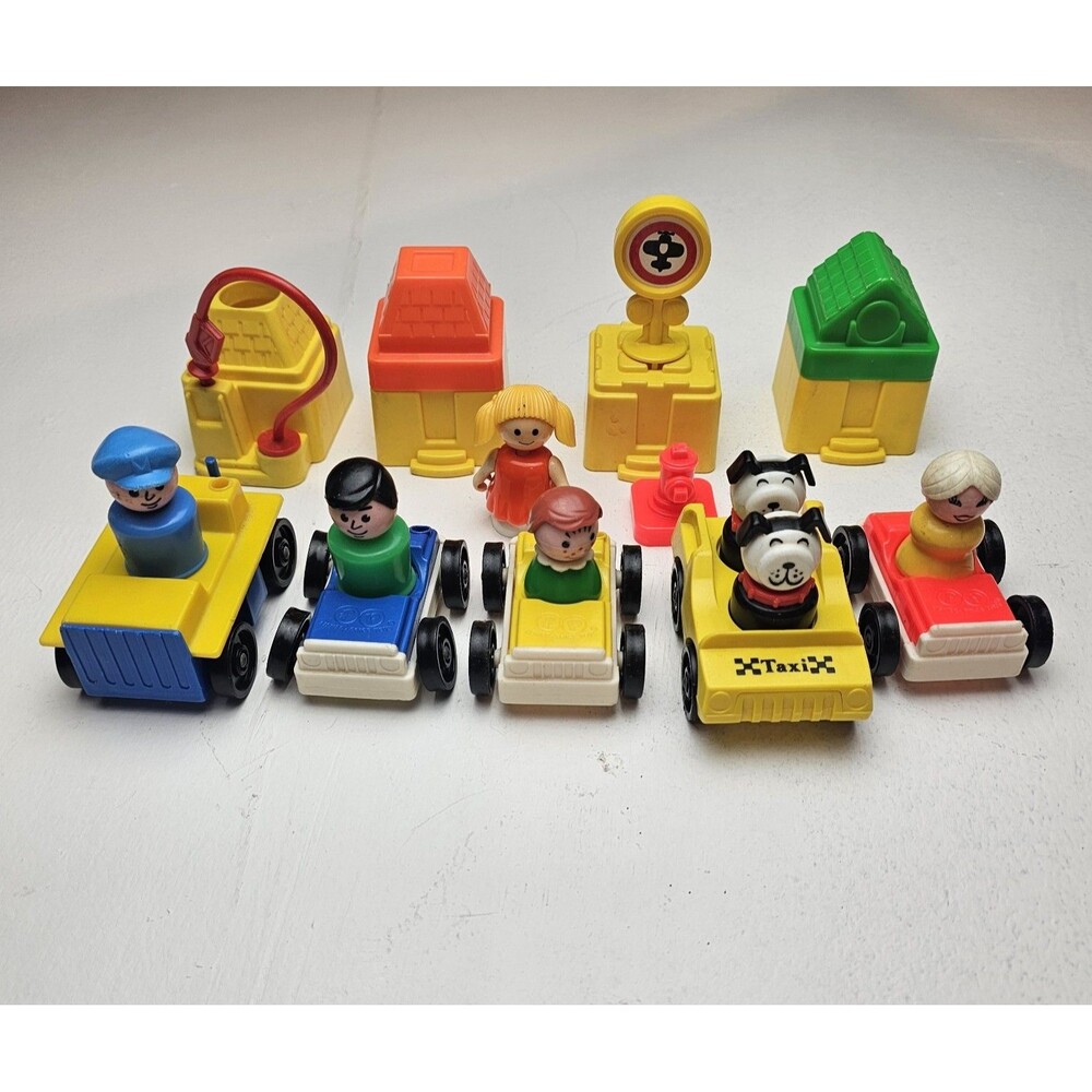 Vintage Fisher-Price Little People Taxi Cars Figure and Accessory Lot